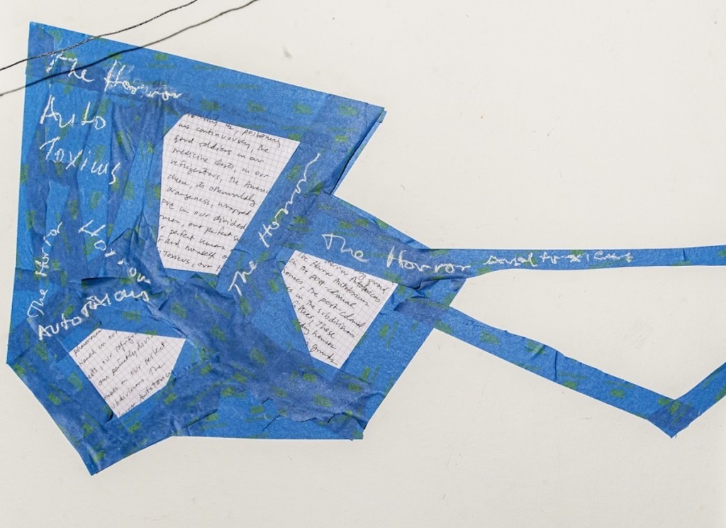 AM HOCH, The Horror Autotoxicus, no.1; DETAIL: Subdivision; blue tape, chalk, graph paper, pen; 16.5 inches x 31.75 inches (42 cm x 81 cm); 2018