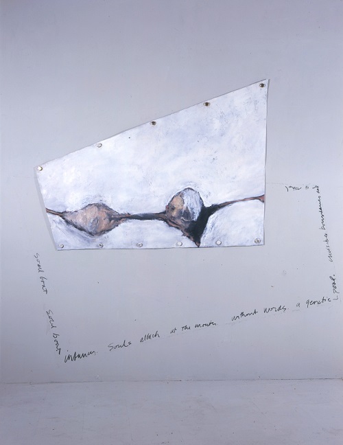 A. M. HOCH, Portrait of the Artist as a Young Boat (Infancy); installation with oil on canvas, grommets, furniture glides, latex paint and charcoal; 96 x 86 inches, 1988