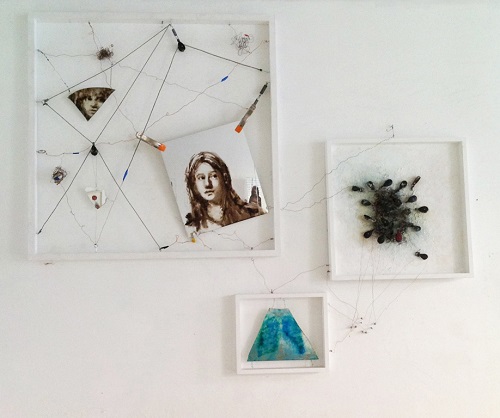 A. M. HOCH, Triptych for a Young Boat, mixed media including painted mirror, painted pulleys imbedded in resin, wooden frames, and wires; 70 x 87 inches, 2013