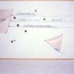 A. M. HOCH, Portrait of the Artist as a Young Boat (Menarche), installation including oil on canvas with handwritten text on wall in charcoal, wood, grommets, wire, hooks and turnbuckles; 96 x 150 inches, 1988