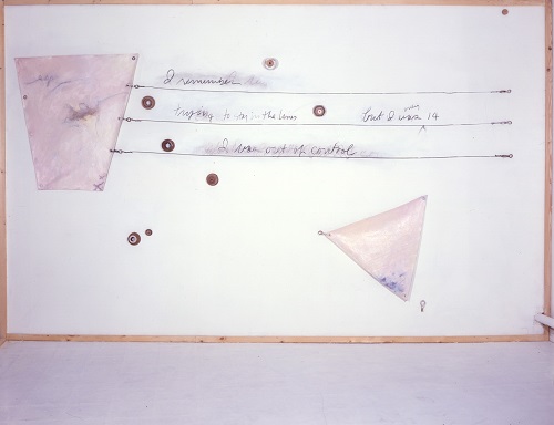 A. M. HOCH, Portrait of the Artist as a Young Boat (Menarche), installation including oil on canvas with handwritten text on wall in charcoal, wood, grommets, wire, hooks and turnbuckles; 96 x 150 inches, 1988