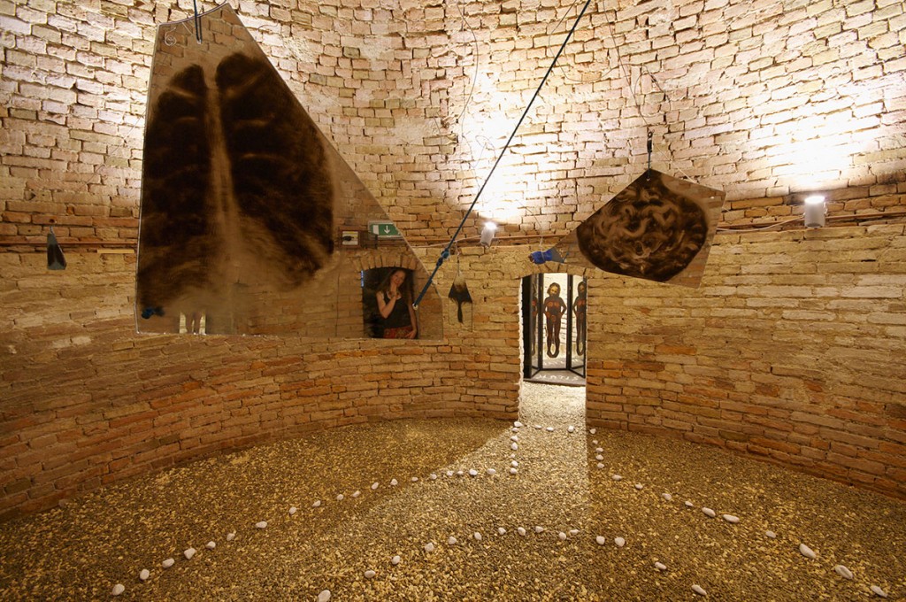 A. M. HOCH; Metamorfosi di una barca: first level of installation (circular basement floor) in castle tower: central room with painted mirrors suspended with wires and pulleys, with three alcoves with painted mirrors; approximately 13.78 ft (height) x 21.5 ft (diameter); 2011