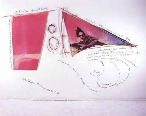 A. M. HOCH, Portrait of the Artist as a Young Boat (Adolescence); installation with oil on canvases with handwritten text, charcoal; latex paint; wood; and straw; 124 x 180 inches, 1988
