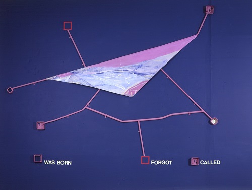 A. M. HOCH, Portrait of the Artist as a Young Boat (Overview); installation with oil on canvas with metal pipes, 122 x 144 inches, 1989