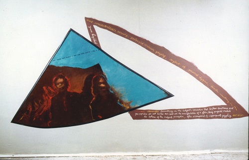 A. M. HOCH, Rushes; installation with oil on canvas and handwritten text on wall, 120 x 221 inches, 1989