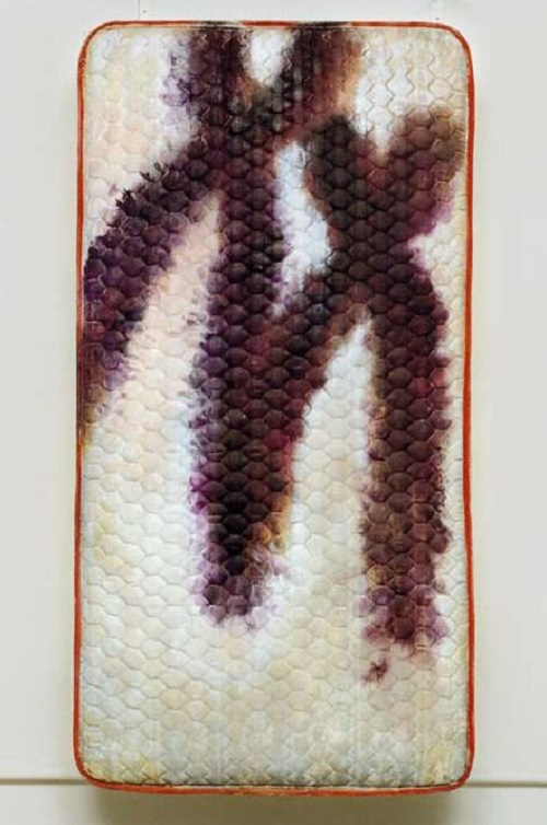 A. M. HOCH, Couple on a Small Mattress, oil paint on mattress, 74 x 40 inches, 1997