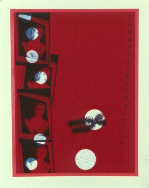 A. M. HOCH, Mitosis-collage #1, limited edition of collages including rubylith, colored xeroxes, and handwritten text; 28 x 22.25 inches, 1990