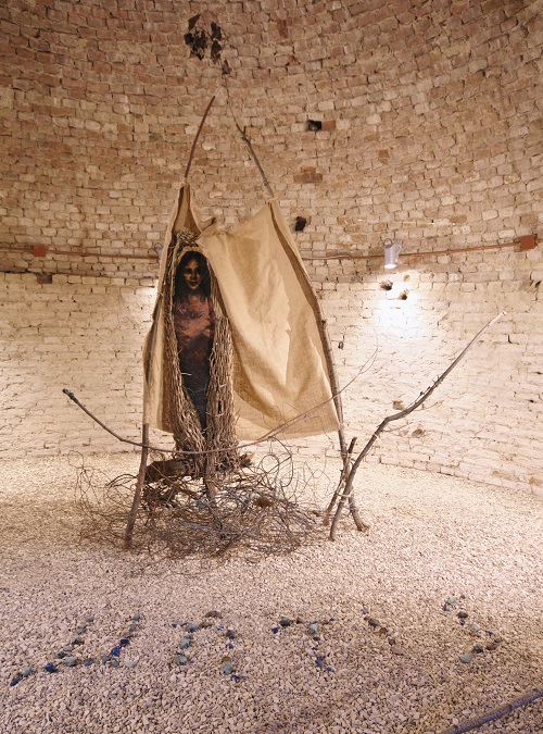 A. M. HOCH; second level of castle tower: Cocoon Boat; mixed media including painted mirror, cardboard, branches, metal, and wires; 14.4ft (height) x 21.2 ft (diameter); 2008/2011