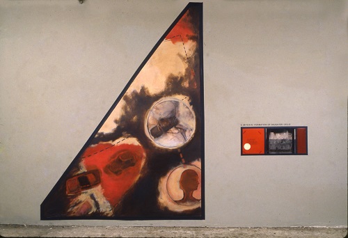 A. M. HOCH, Mitosis (Third Stage); installation with oil on canvas, tape, collage with embedded text and photos; 96 x 138 inches, 1990