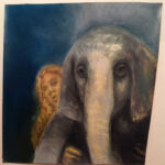 A. M. HOCH, Young Woman Carrying a Sick Baby Elephant, oil on canvas, 23.6 x 23.6 inches (approximately), 2010