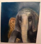 A. M. HOCH, Young Woman Carrying a Sick Baby Elephant, oil on canvas, 23.6 x 23.6 inches (approximately), 2010