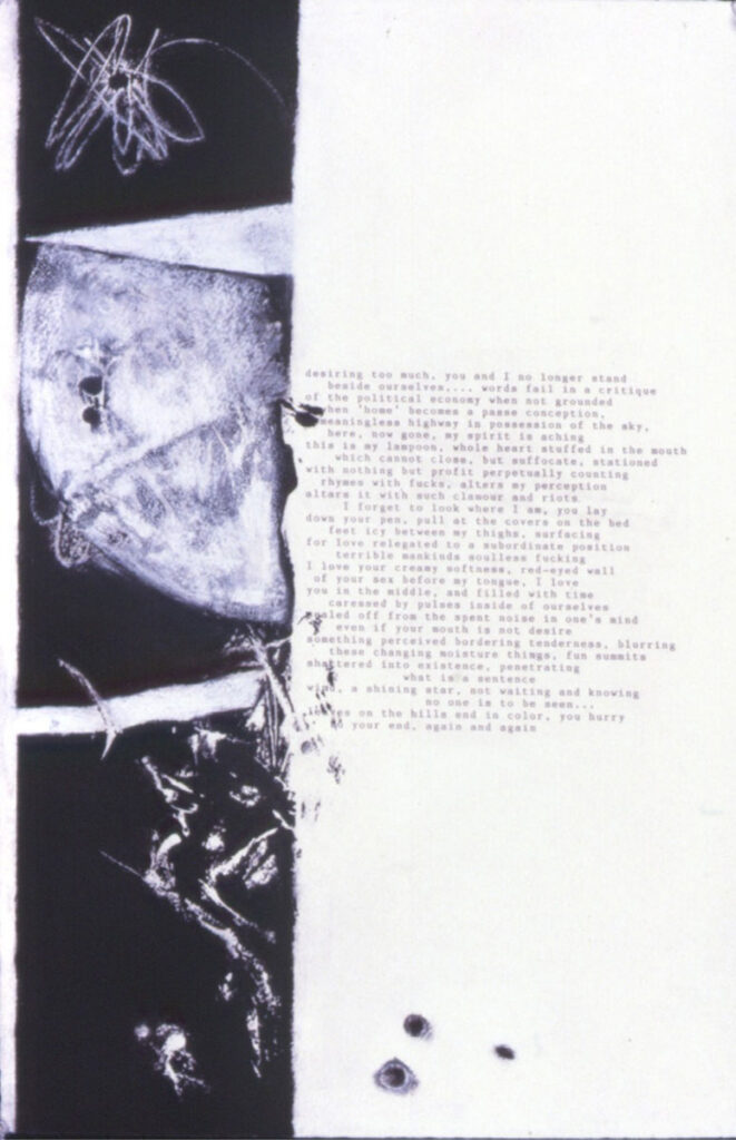 A. M. HOCH, Collaboration with Andrew Levy, poem “desiring too much”, no. 2, litho type with monoprint and chalk on paper, approx. 20 x 15 inches, 1988