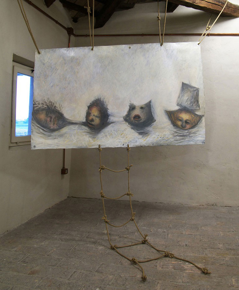 A. M. HOCH; fourth level of castle tower: Boat Souls; sculpture/painting with oil on canvas and ropes; approximately 54 x 83 inches; 2008/2011