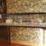 17. A. M. HOCH, interstices, DETAIL: dining room with glass case of objects including sugar bowl with embedded video, 2002