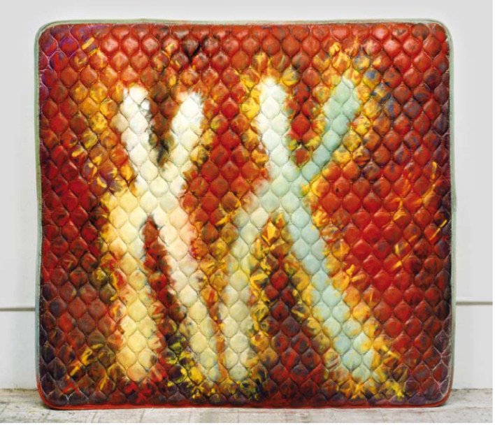 A. M. HOCH, Couple on a Mattress, (orange background),oil paint on mattress, 75 x 80 inches, 1998