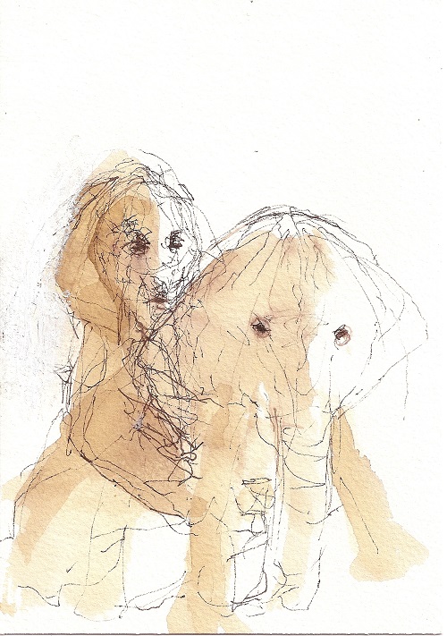 A. M. HOCH, Woman Carrying a Sick Baby Elephant, ink wash on paper, 7 x 5 inches, 2010
