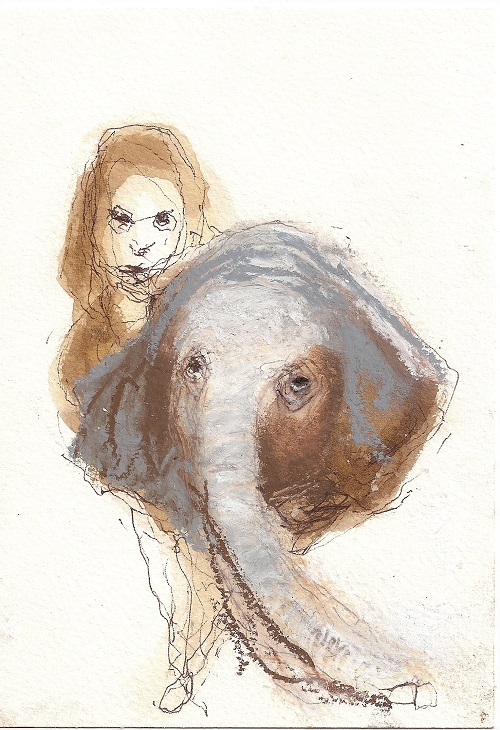 A. M. HOCH, Woman Carrying a Sick Baby Elephant (Number 4), ink wash on paper, 7 x 5 inches, 2010
