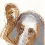 A. M. HOCH, Woman Carrying a Sick Baby Elephant (Number 3), ink wash on paper, 7 x 5 inches, 2010