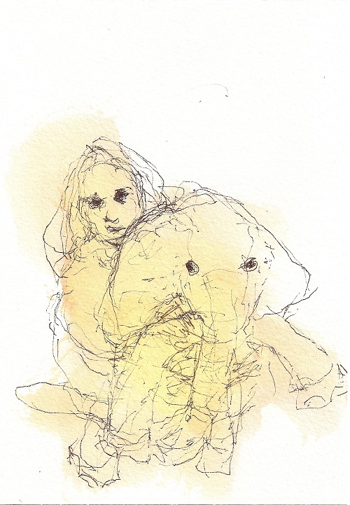 A. M. HOCH, Girl Holding a Sick Baby Elephant, ink wash on paper, 7 x 5 inches, 2010