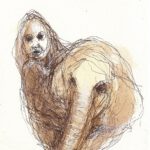 A. M. HOCH, Woman Carrying a Sick Baby Elephant (Number 3), ink wash on paper, 7 x 5 inches, 2010