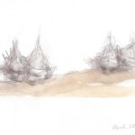 A. M. HOCH, Four Boat Heads, ink wash and chalk, 6 x 7.5 inches, 2012