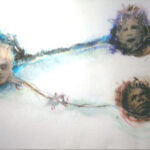 A. M. HOCH, Three Floating Heads, oil paint and markers on bubble wrap, approximately 38 x 72 inches, 2012