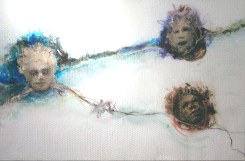 A. M. HOCH, Three Floating Heads, oil paint and markers on bubble wrap, approximately 38 x 72 inches, 2012