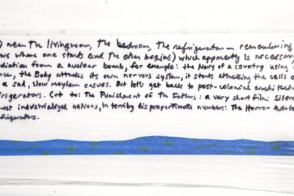 AM HOCH, <em>The Horror Autotoxicus, no.1</em>; DETAIL: handwriting on plastic wrap; 12 inches x 101 inches (30 cm x 256,5 cm); 2018