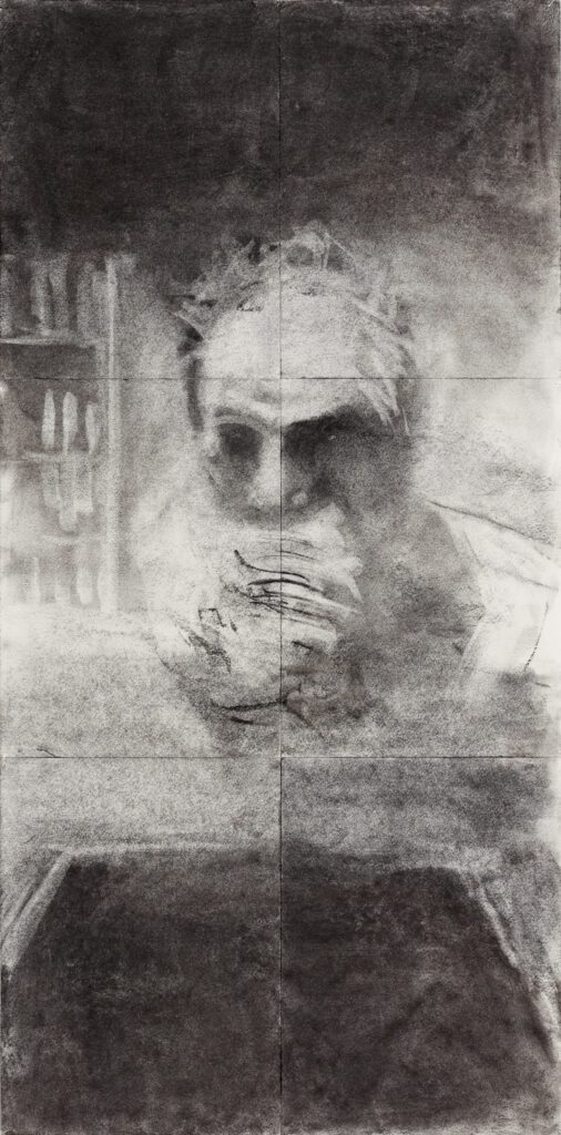drawing, paper on charcoal and 6 sheets of paper entitled At Table by AM Hoch