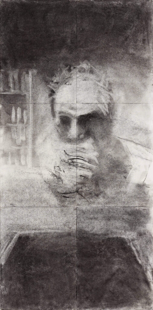 drawing, paper on charcoal and 6 sheets of paper entitled At Table by AM Hoch