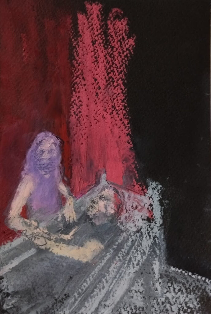 art entitled Two Figures, One in Bed (pink curtain)by AM Hoch