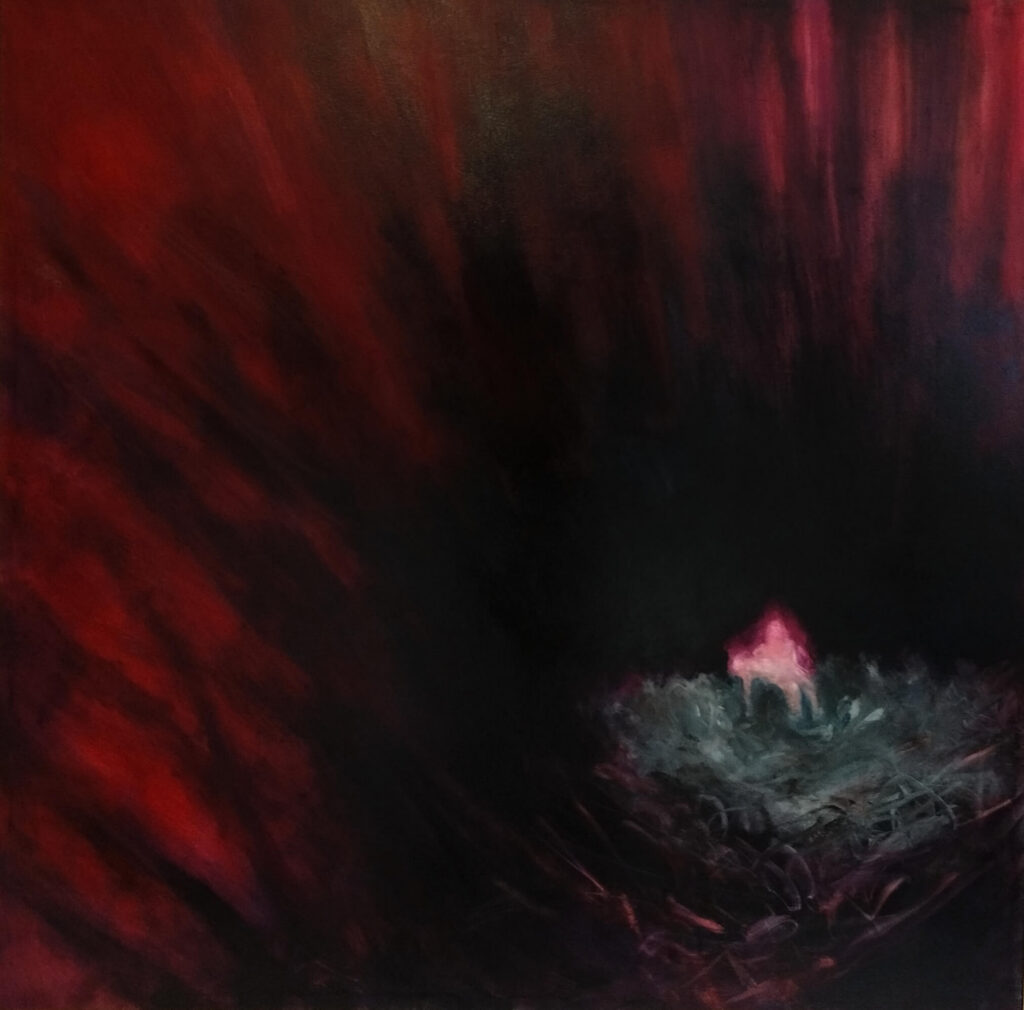 art entitled Crossing the River (red background) by AM Hoch