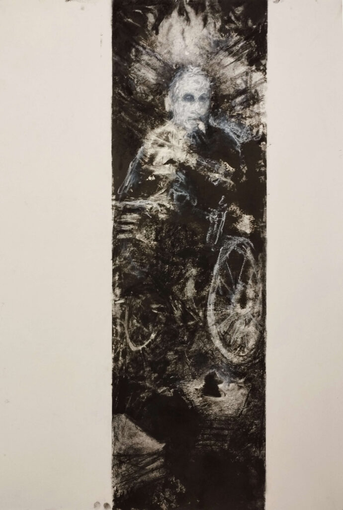 art entitled In Wheelchair with animal coming out of floor by AM Hoch